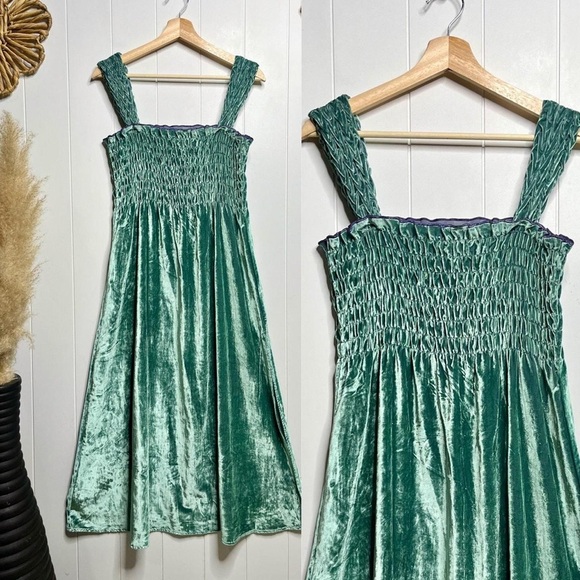 Free People Velvet Sapphire/Green Midi Dress Ruched Bohemian Romantic SZ M NWOT - Picture 5 of 7